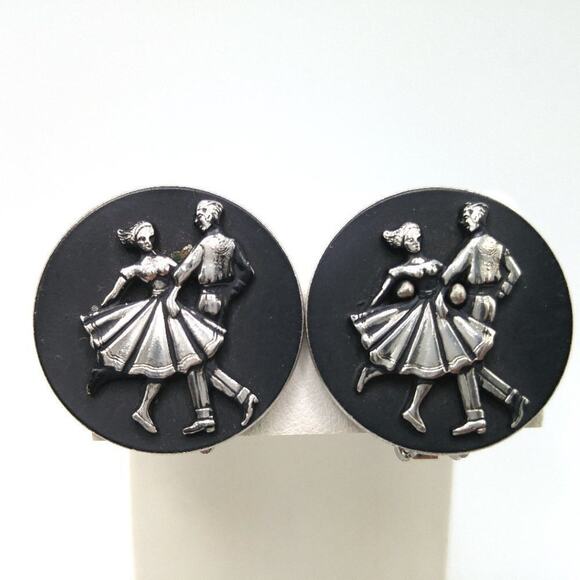 1950s Vintage Dancing Couple Clip Earrings, Black Enamel, Mid Century, 1 1/8 In - Picture 1 of 10